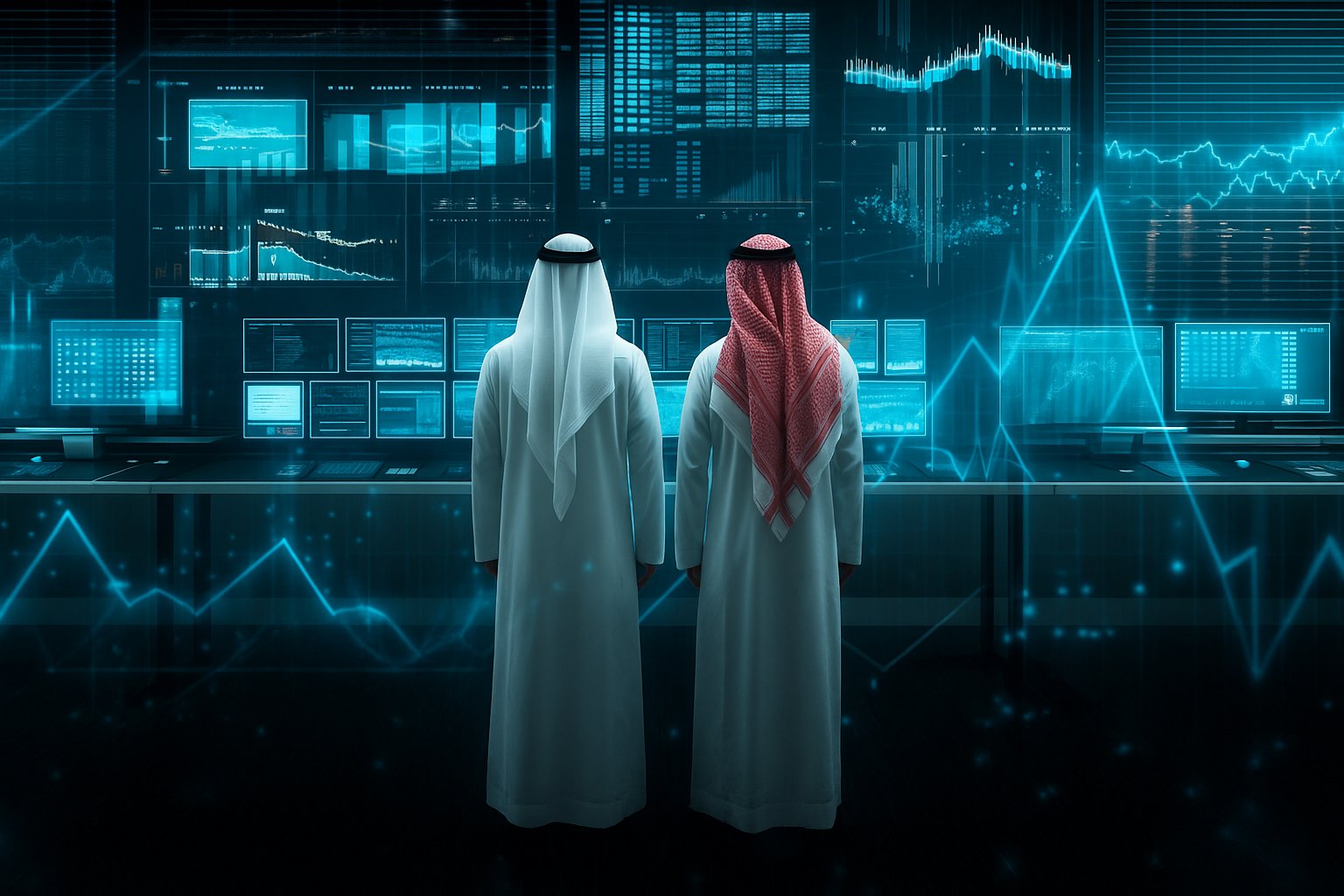 Two figures in Gulf dress before screens of data