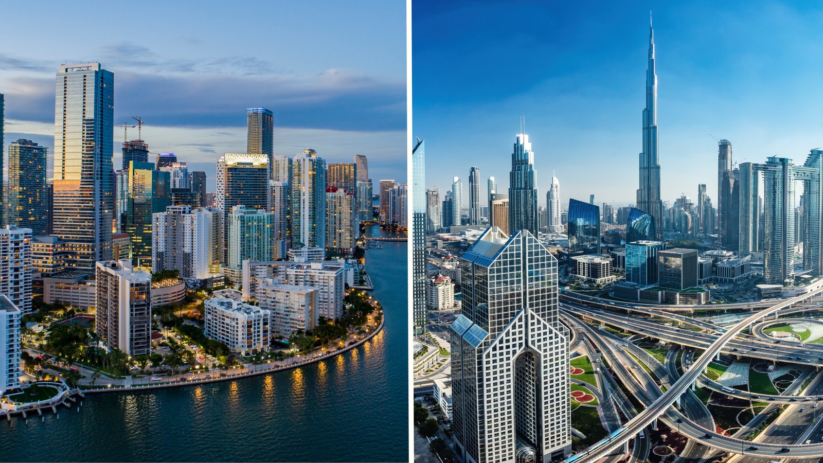 Miami Brickell Key skyline beside the Dubai skyline with the Burj Khalifa
